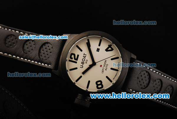 U-Boat Italo Fontana Left Hook Automatic Movement PVD Case with White Dial Small Calendar and Black Leather Strap - Click Image to Close